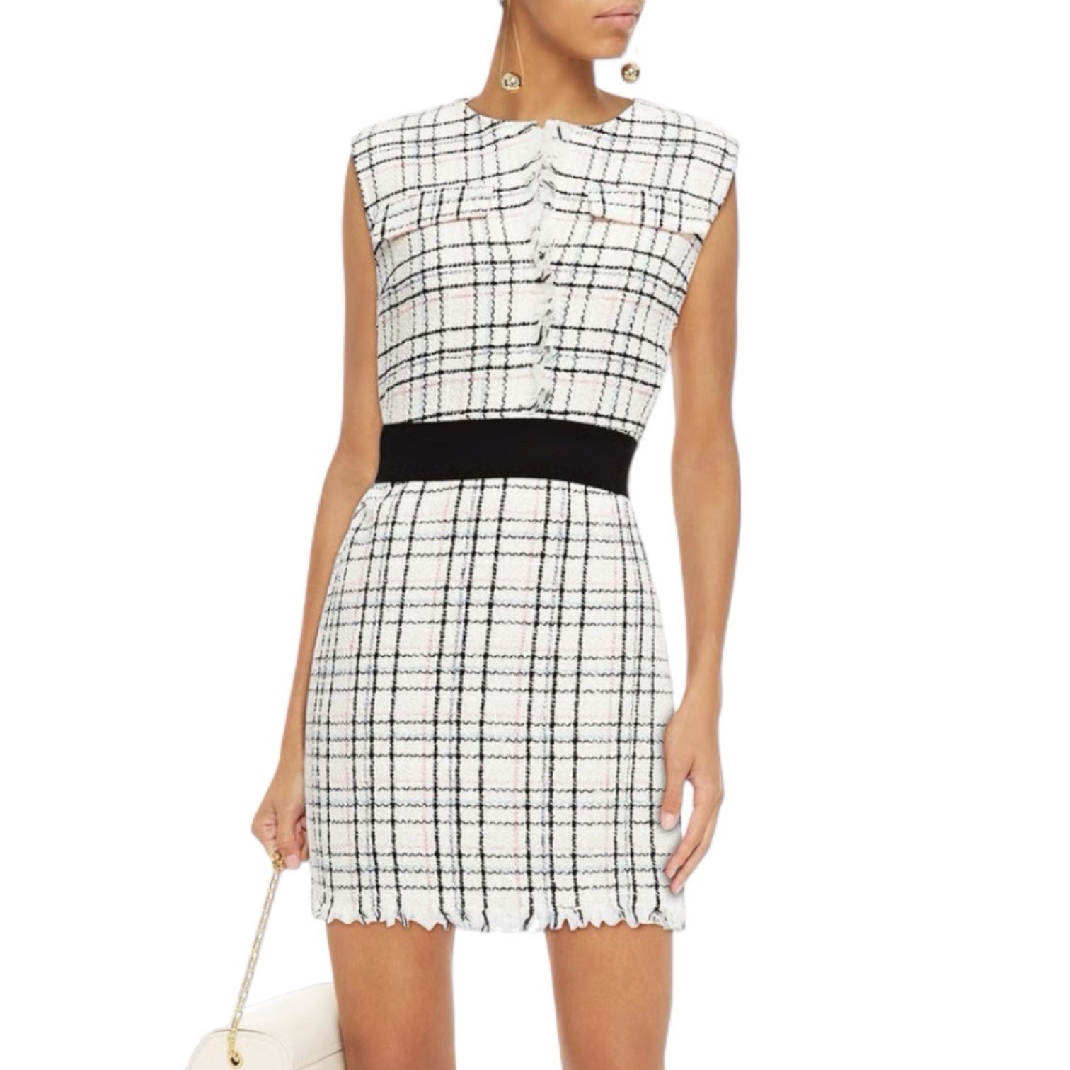 Maje Plaid Tweed Mini Dress Size Cotton Fringe Hem Size 36, Us Small